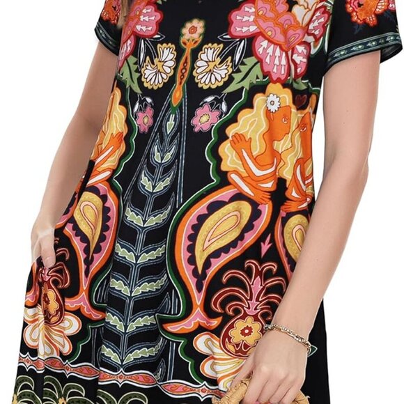 Women’s Floral T-Shirt Dress with Pockets Summer Casual Beach Cover Up - Picture 2 of 5